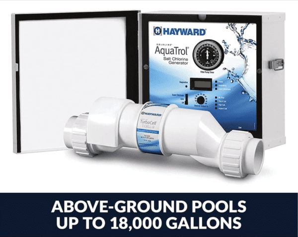 Hayward W3AQ-TROL-RJ AquaTrol Salt Chlorination System for Above-Ground Pools up to 18,000 Gallons with Return Jet Fittings, Straight Blade Line Cord and Outlet up to 18,000 gallons.